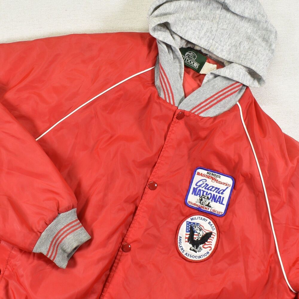 VTG Bass Pro Shops Outdoors Jacket Mens 2XL Red Hooded Snap 90s Bomber Varsity